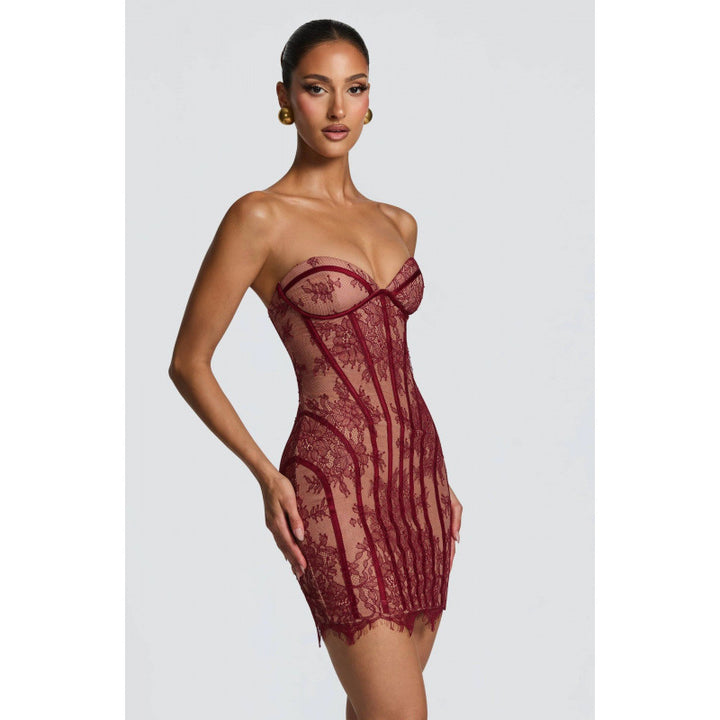 Damen Sexy Spitzenkleid mit gerafftem Schnitt und herzförmigem Ausschnitt Drune