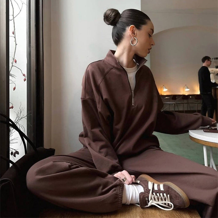 Damen Sportliches Sweatset mit halbem Reißverschluss und weiten Beinen Drune