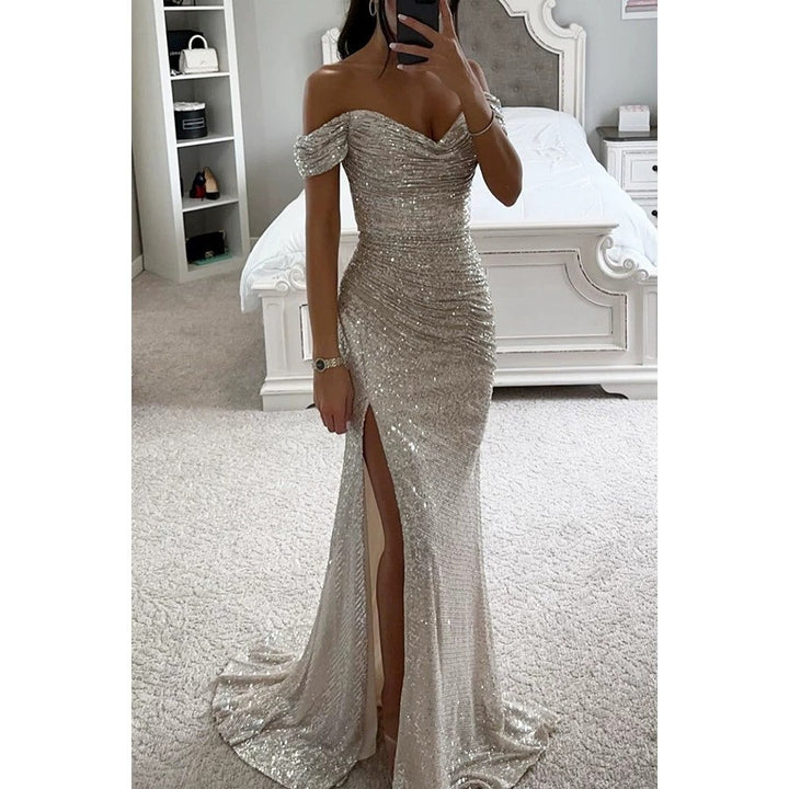 Damen Glitzerndes Off-Shoulder Abendkleid mit seitlichem Schlitz Drune