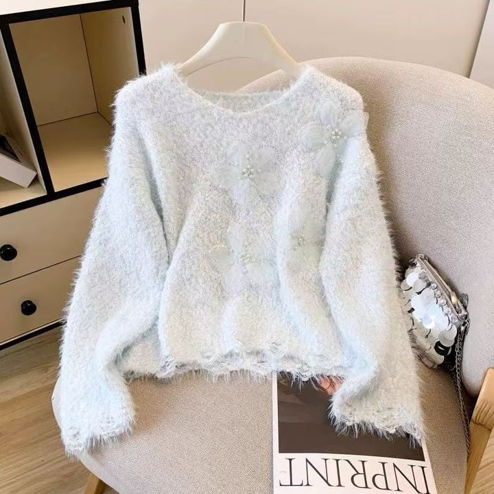 Damen kuscheliger Pullover mit floralen Applikationen Drune