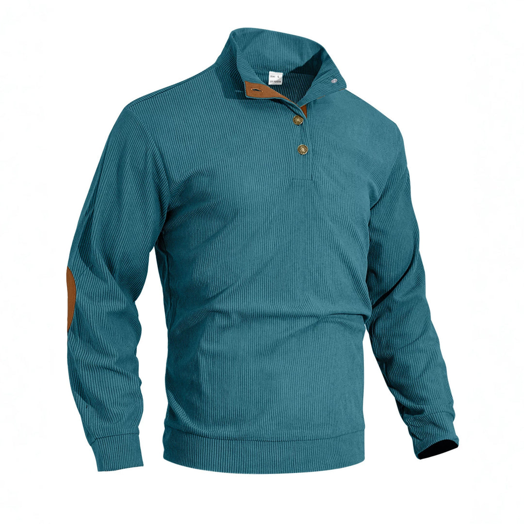 Herren nan fein gerippter Strickpullover mit Polokragen Knopfleiste und Ellenbogenbesatz Drune