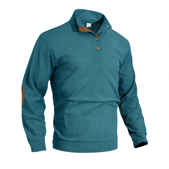 Herren nan fein gerippter Strickpullover mit Polokragen Knopfleiste und Ellenbogenbesatz Drune