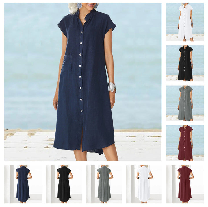 Damen lässiges Midi-Hemdkleid aus Leinen mit Knopfleiste und seitlichen Taschen Drune
