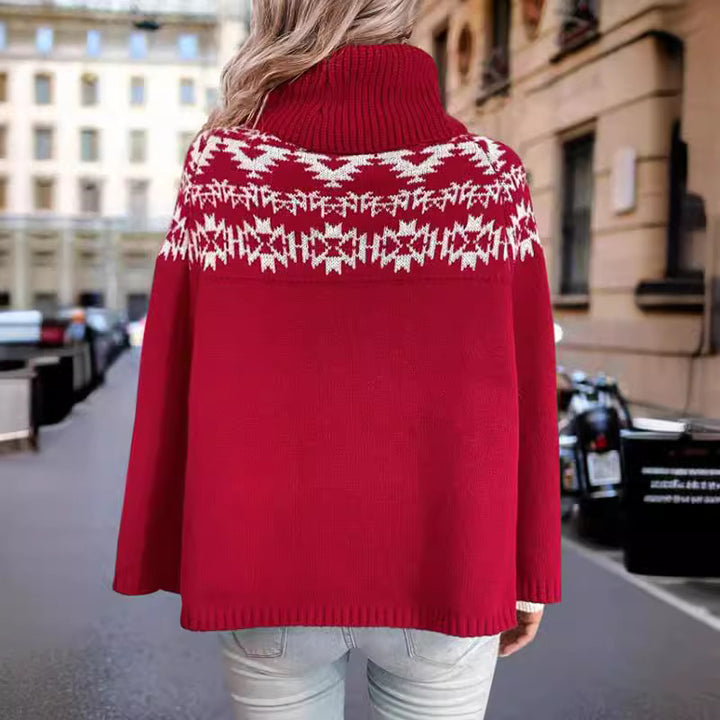 Damen Kapuzen-Strick-Cape mit festlichem Muster und hohem Kragen Drune