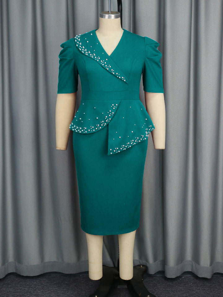 Damen figurbetontes Wickelkleid mit Rüschen und Perlenakzenten Drune