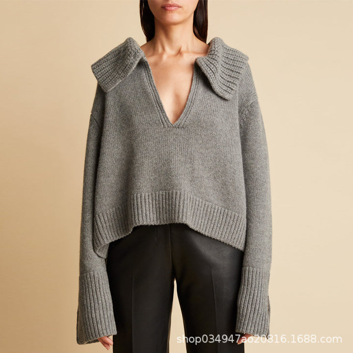 Damen Modischer Strickpullover mit tiefem V-Ausschnitt und übergroßen Kragen Drune