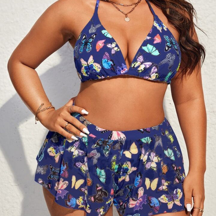 Damen Bikiniset mit modischen Shorts und buntem Schmetterlingsdesign Drune