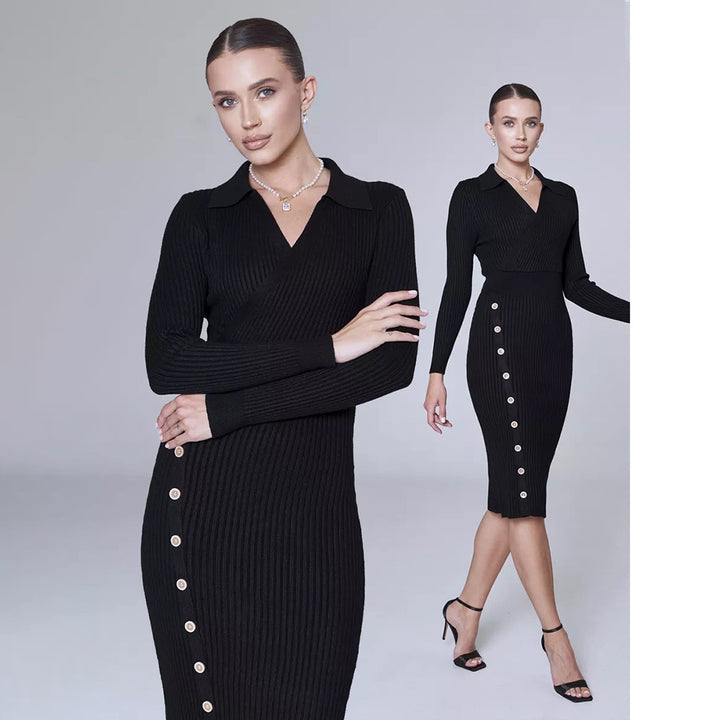 Damen Strickkleid mit elegantem V-Ausschnitt und Knopfdetails Drune