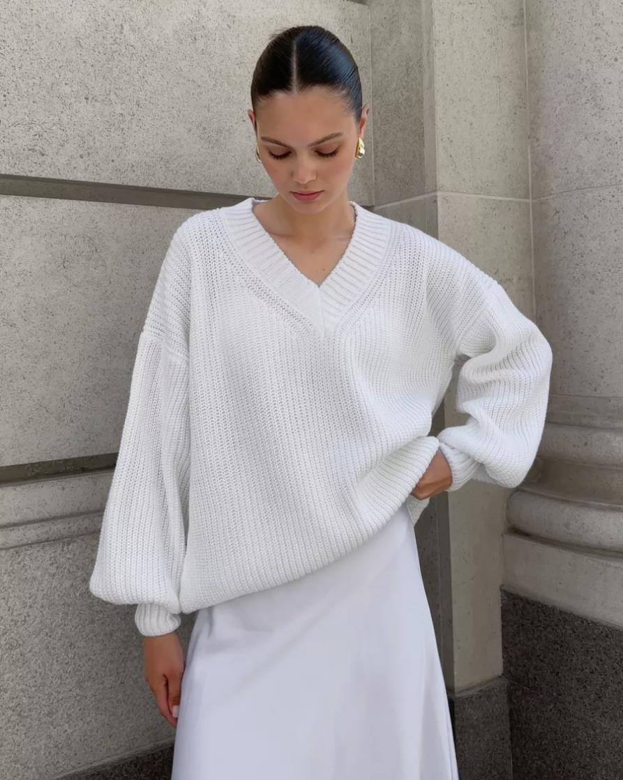 Damen V-Ausschnitt Strickpullover mit voluminösen Ärmeln und strukturierter Oberfläche Drune