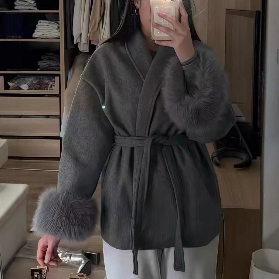 Damen kuschelige Wollejacke mit elegantem Gürtel und glamourösen Fütterungen Drune