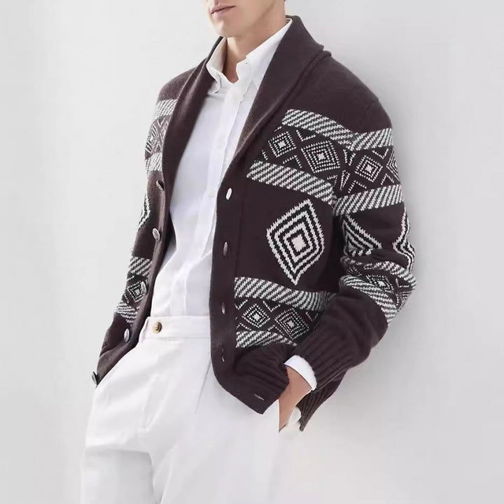 Herren Strickjacke mit modernem grafischen Muster und klassischem Kragen Drune