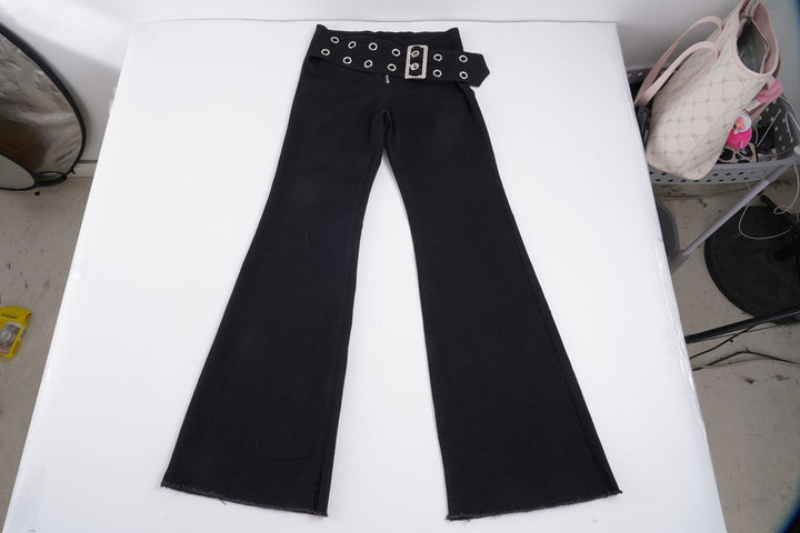 Damen Flared Jeans mit verstellbarem Gürtel und modischem Lochdesign Drune