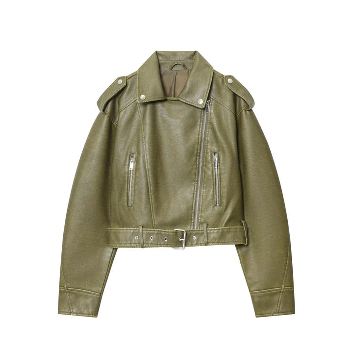 Damen modische Bikerjacke im Vintage-Look mit Taillengürtel und Reißverschlusstaschen Drune