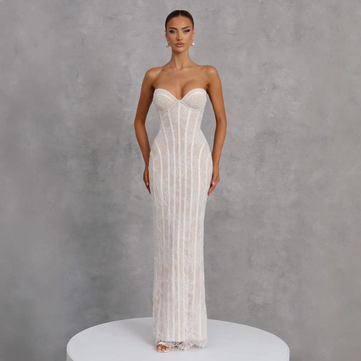 Damen Hochzeitskleid mit elegantem trägerlosen Design und luxuriösem Tüllabschluss Drune