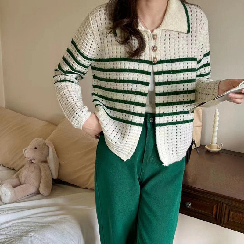 Damen modische Strickjacke mit dekorativen Knöpfen und Streifenmuster Drune