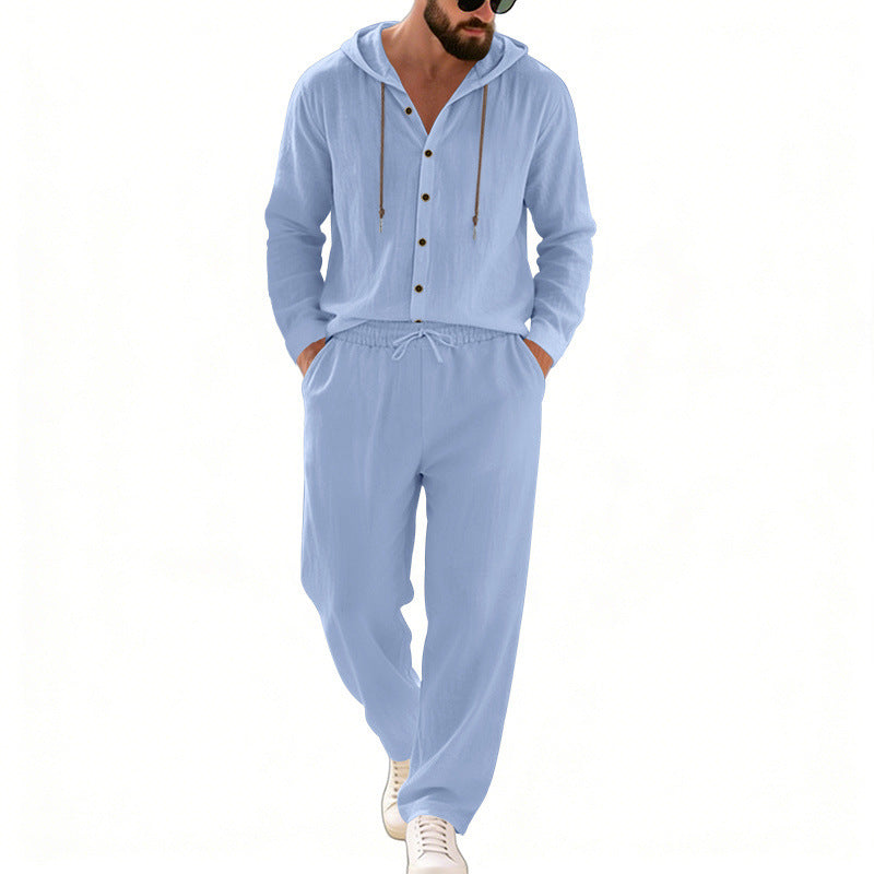 Herren nan legeres Kapuzen-Lounge-Set mit Knopfleiste, Kordelbundhose und seitlichen Eingrifftaschen Drune