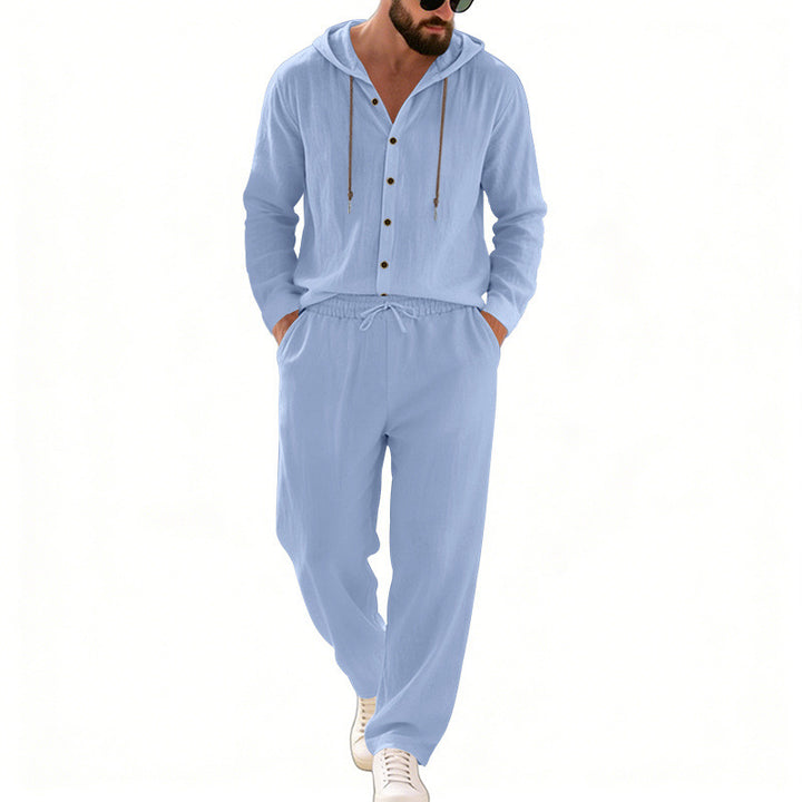 Herren nan legeres Kapuzen-Lounge-Set mit Knopfleiste, Kordelbundhose und seitlichen Eingrifftaschen Drune