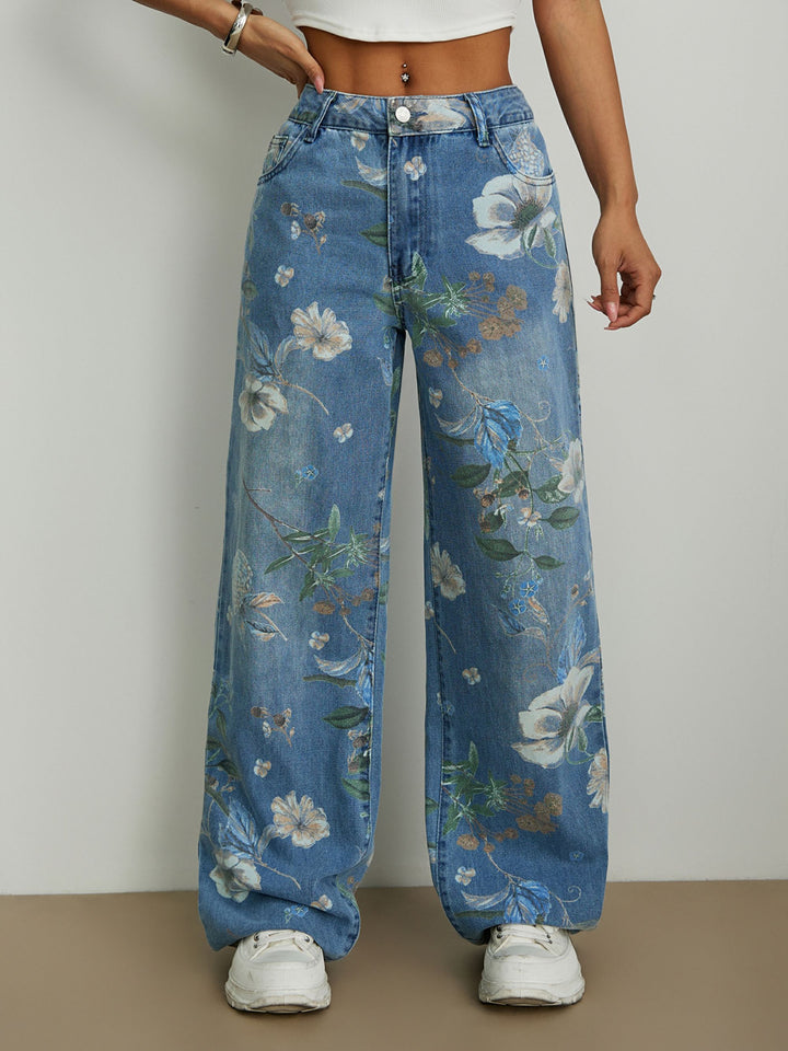 Damen weite Jeans mit floralem Design und hohem Taillenbund Drune