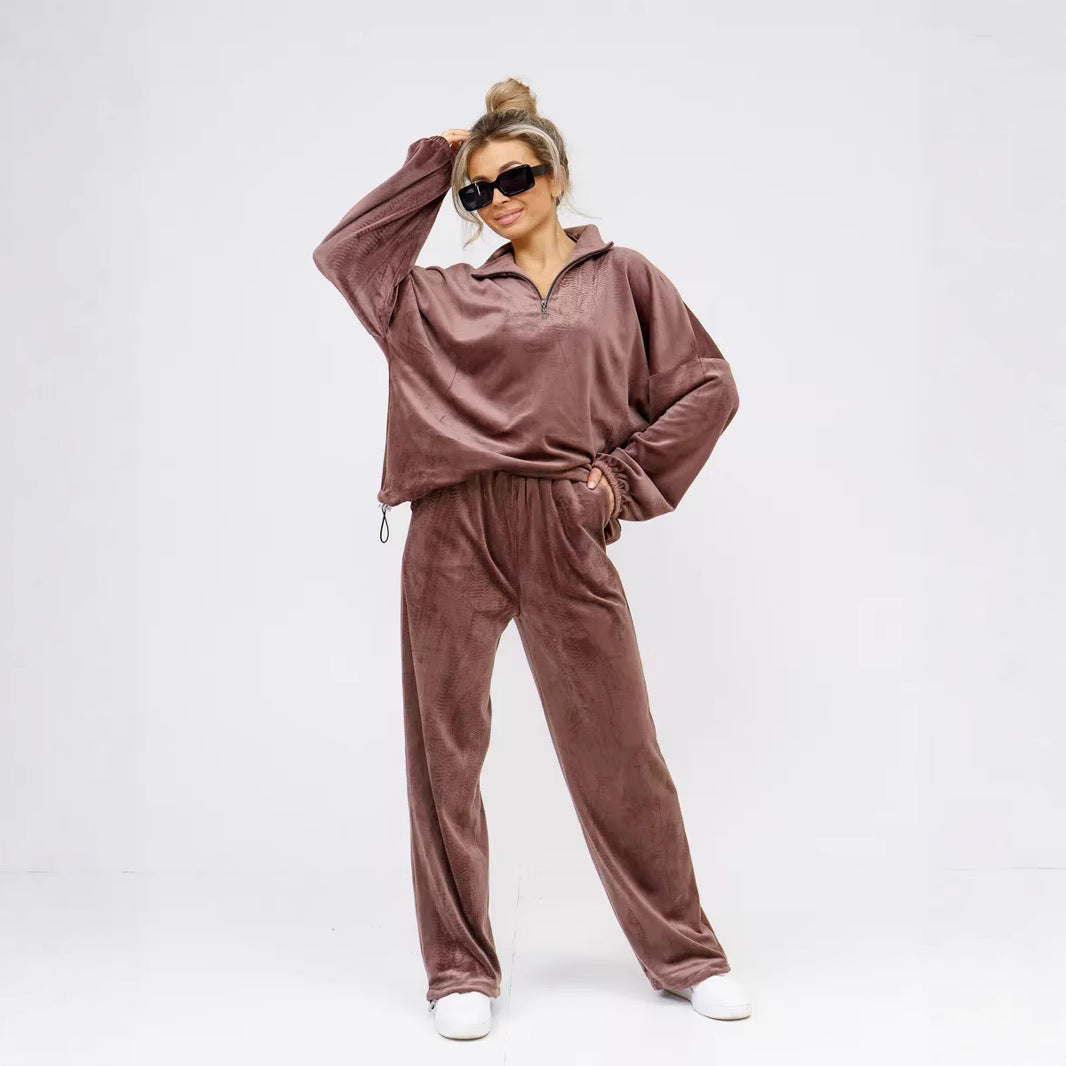 Damen Velours Jogginganzug mit hochgeschlossenem Kragen und elastischen Bündchen Drune