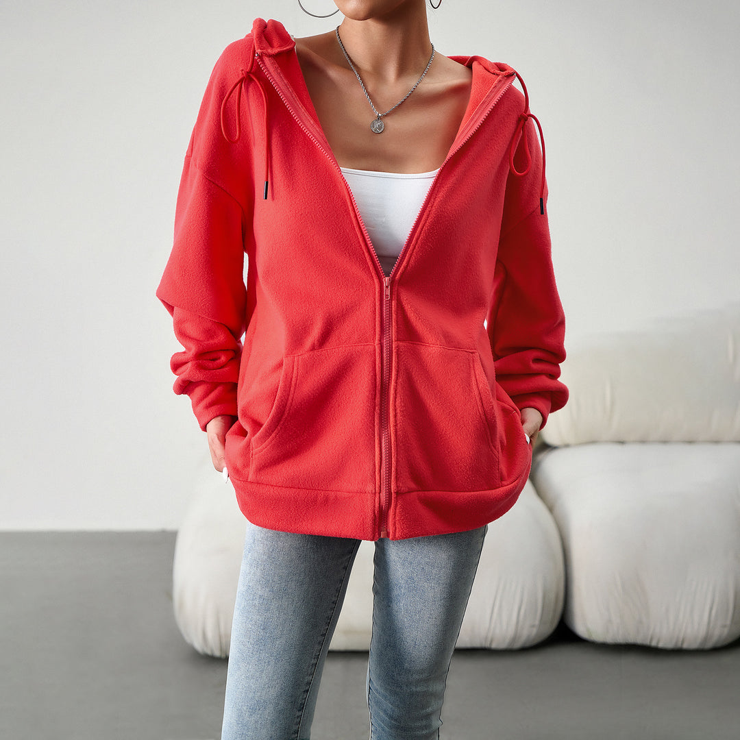 Damen nan kuscheliger Teddy-Fleece Zip-Hoodie mit Kapuze, tiefer Schulterpassform und Kängurutaschen Drune