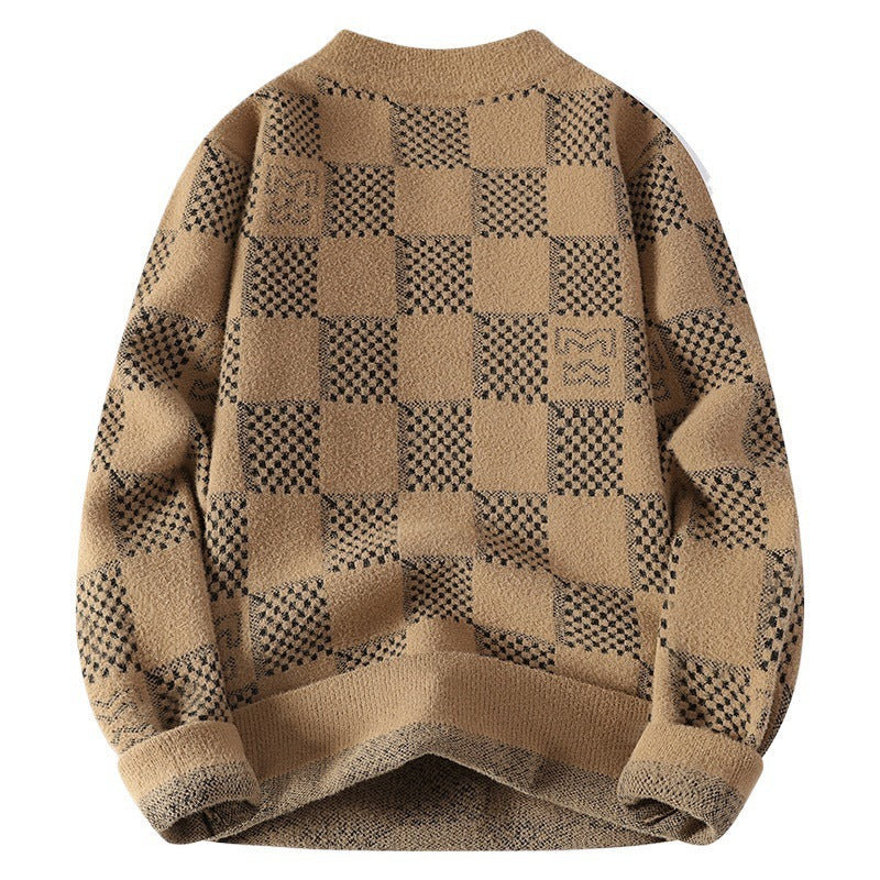Herren nan karierter Oversize-Strickpullover mit Rundhalsausschnitt, weichem Feinstrick und strukturierter Jacquard-Musterung Drune