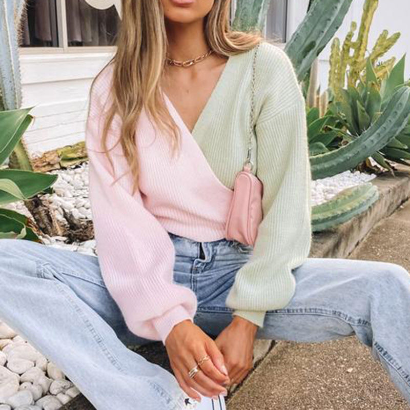 Damen Eleganter V-Ausschnitt Pullover mit farblich abgesetzten Ärmeln und strukturierter Oberfläche Drune