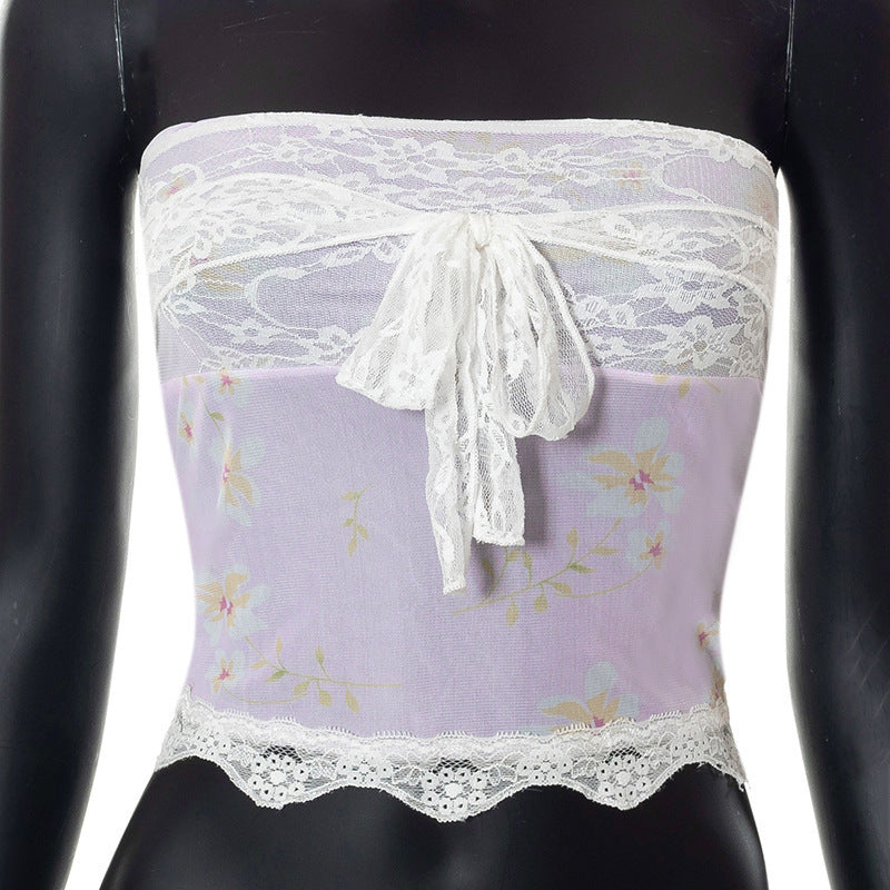Damen Bandeau-Top mit floralen Details und Spitzenabschluss Drune