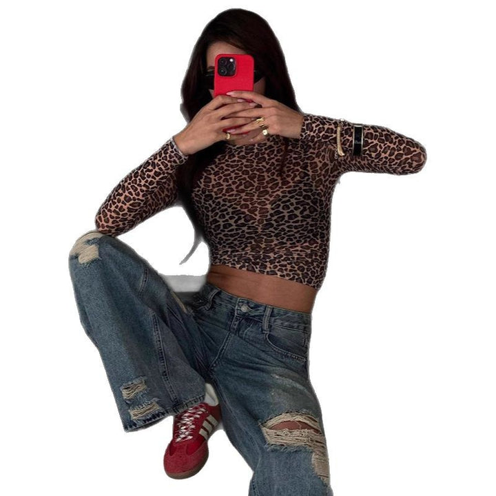 Damen Modisches, figurbetontes Langarm-Crop-Top mit Leo-Muster Drune