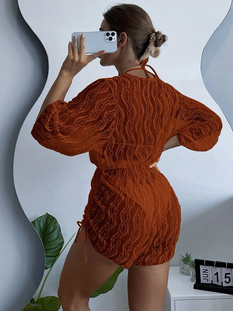 Damen Transparente Strandjacke mit voluminösen Ärmeln und raffiniertem Rückendetail Drune