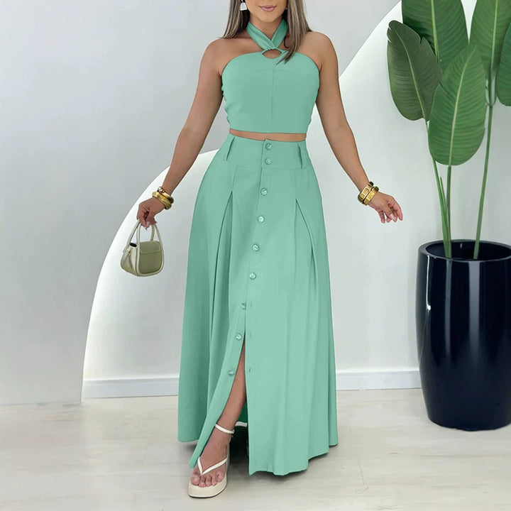 Damen elegantes Crop-Top und Maxirock-Set mit Knopfleiste und Schlitz Drune