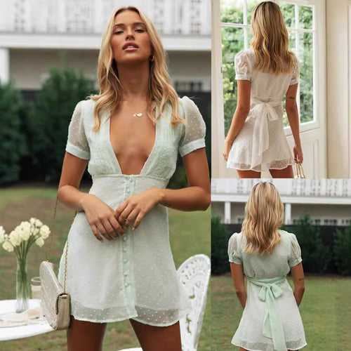 Damen luftiges Minikleid mit zarten Pünktchen und tiefem V-Ausschnitt Drune