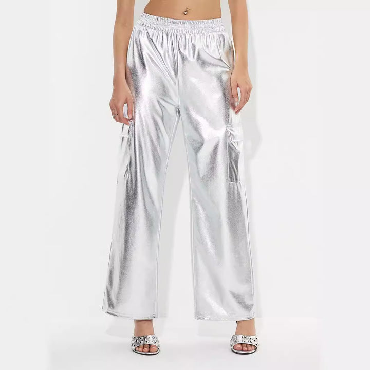 Damen Cargo-Hosen im glänzenden Metallic-Look mit elastischem Bund Drune