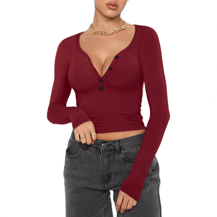 Damen nan figurbetontes geripptes Longsleeve mit Henley-Knopfleiste und tiefem V-Ausschnitt Drune