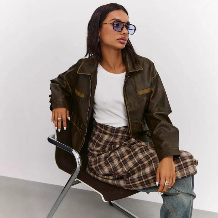 Damen modische Lederjacke mit praktischen Taschen und elastischem Saum Drune