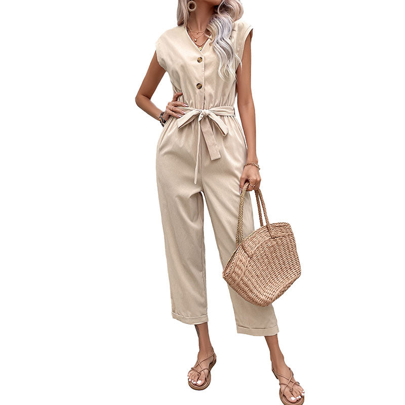 Damen lässiger Jumpsuit mit taillierbarem Gürtel und Knopfverschluss Drune