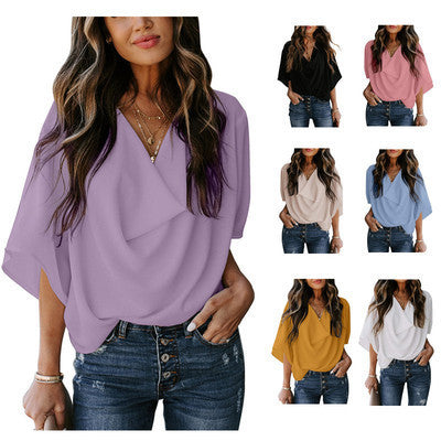 Damen elegante Bluse mit drapiertem V-Ausschnitt und weit geschnittenen Ärmeln Drune