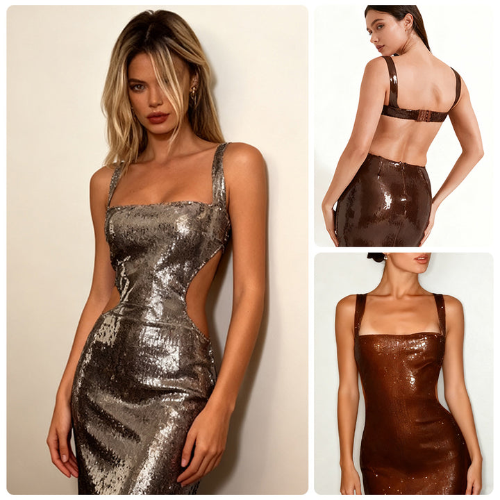 Damen Lange Pailletten-Robekleid mit schicker Silhouette und tiefem Ausschnitt Drune