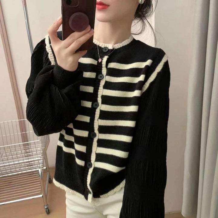 Damen Strickjacke mit voluminösen Ärmeln und gestreiftem Design Drune