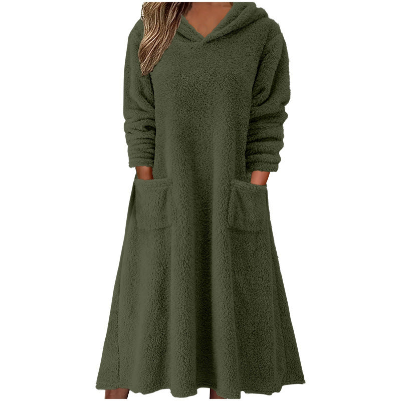 Damen Kuscheliger Fleece-Kleid mit Kapuze und praktischen Taschen Drune