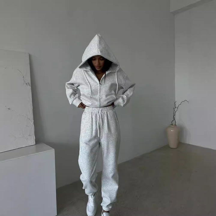 Damen Sportlicher Fleece-Jogginganzug mit Reißverschluss und Kapuze Drune