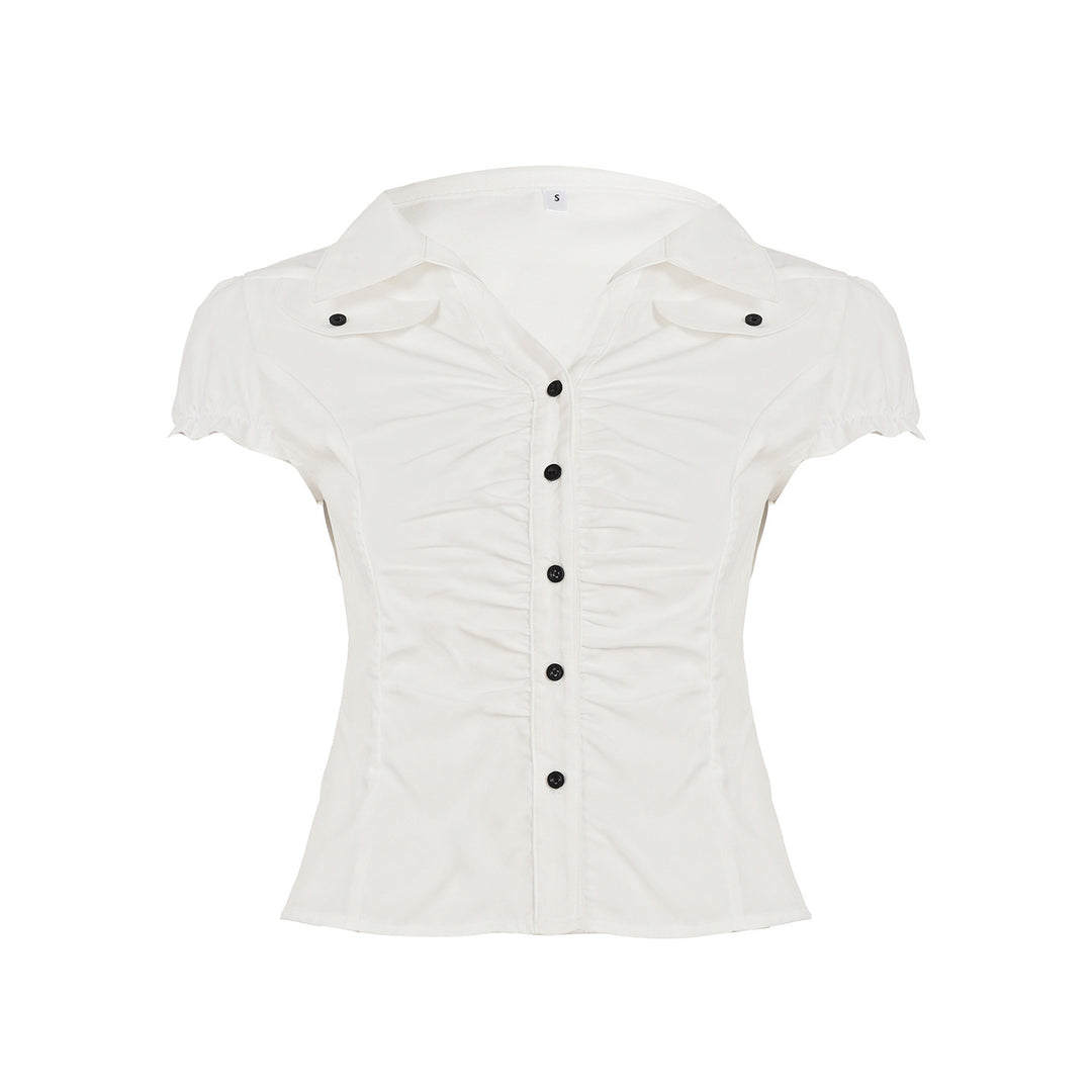 Damen figurbetontes Blusenshirt mit eleganten Rüschendetails und Knopfverschluss Drune