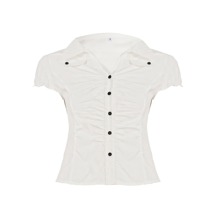Damen figurbetontes Blusenshirt mit eleganten Rüschendetails und Knopfverschluss Drune