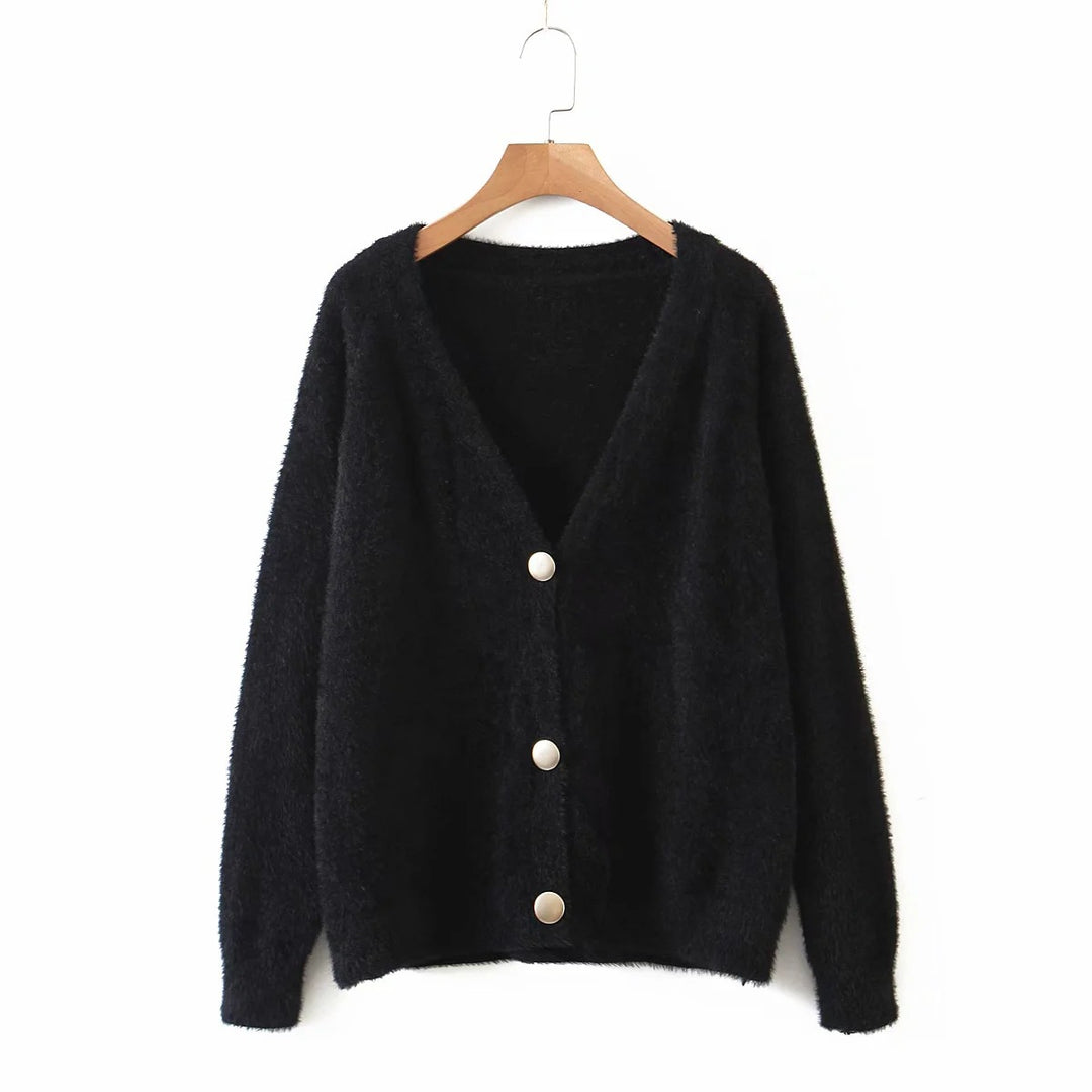 Damen kuschelige Strickjacke mit großen Knöpfen und oversize Passform Drune