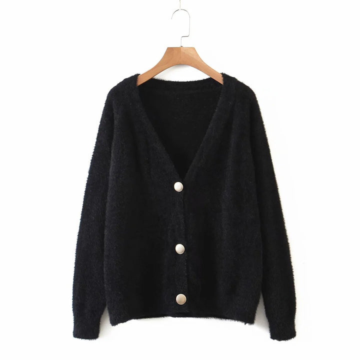Damen kuschelige Strickjacke mit großen Knöpfen und oversize Passform Drune