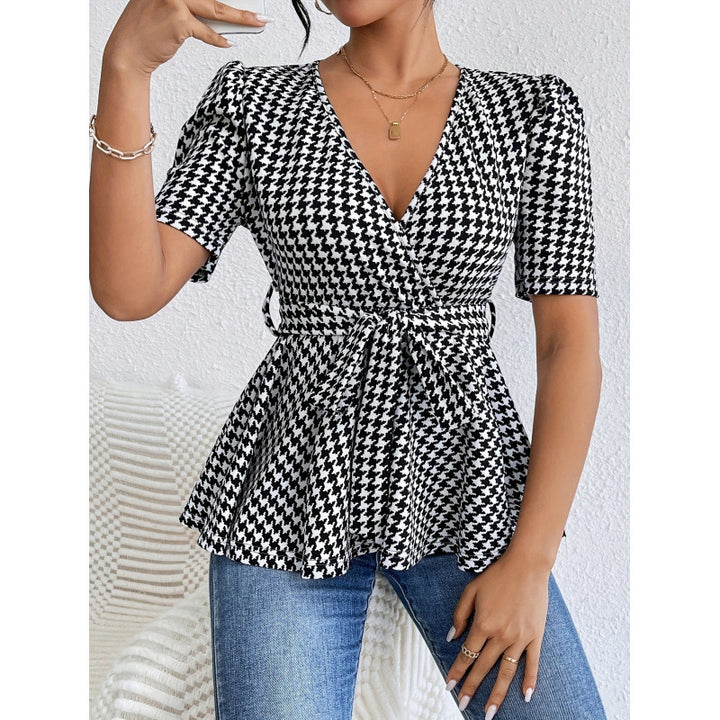Damen Wickelbluse mit lässigem Schnitt und modischem Hahnentritt-Muster Drune