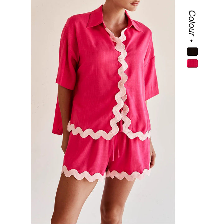 Damen Freizeit Set mit stylischem Kurzarm-Hemd und lässigen Shorts Drune