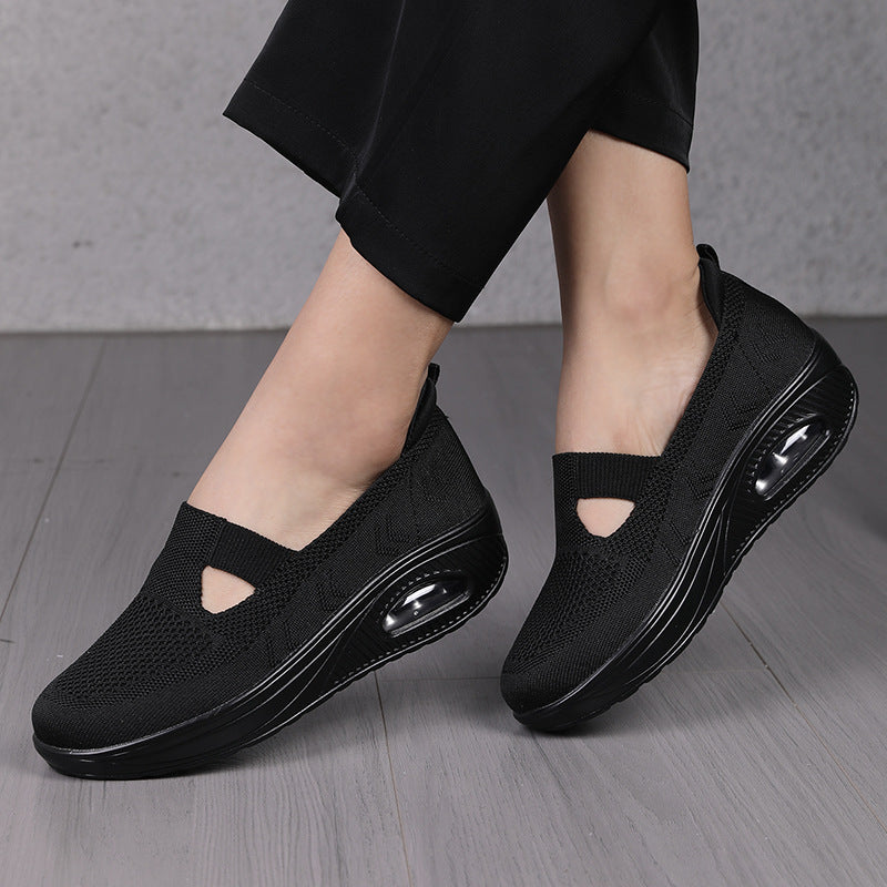 Damen nan Komfort-Slipper mit sichtbarer Luftkissenkeilsohle atmungsaktivem Strick und elastischem V-Einsatz Drune