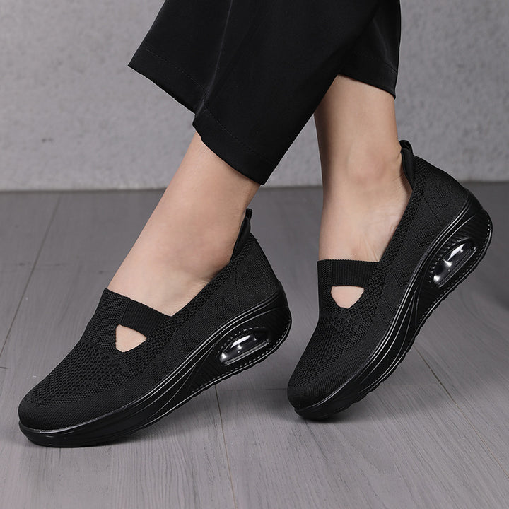 Damen nan Komfort-Slipper mit sichtbarer Luftkissenkeilsohle atmungsaktivem Strick und elastischem V-Einsatz Drune