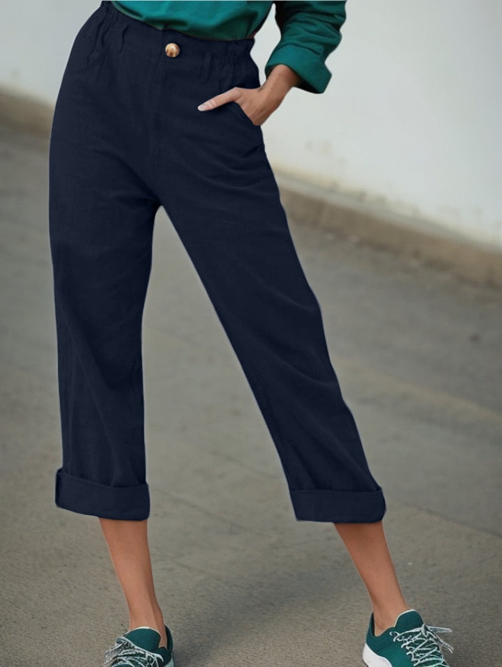 Damen Elegante Leinenhose mit breitem Bein und umschlagenem Saum Drune