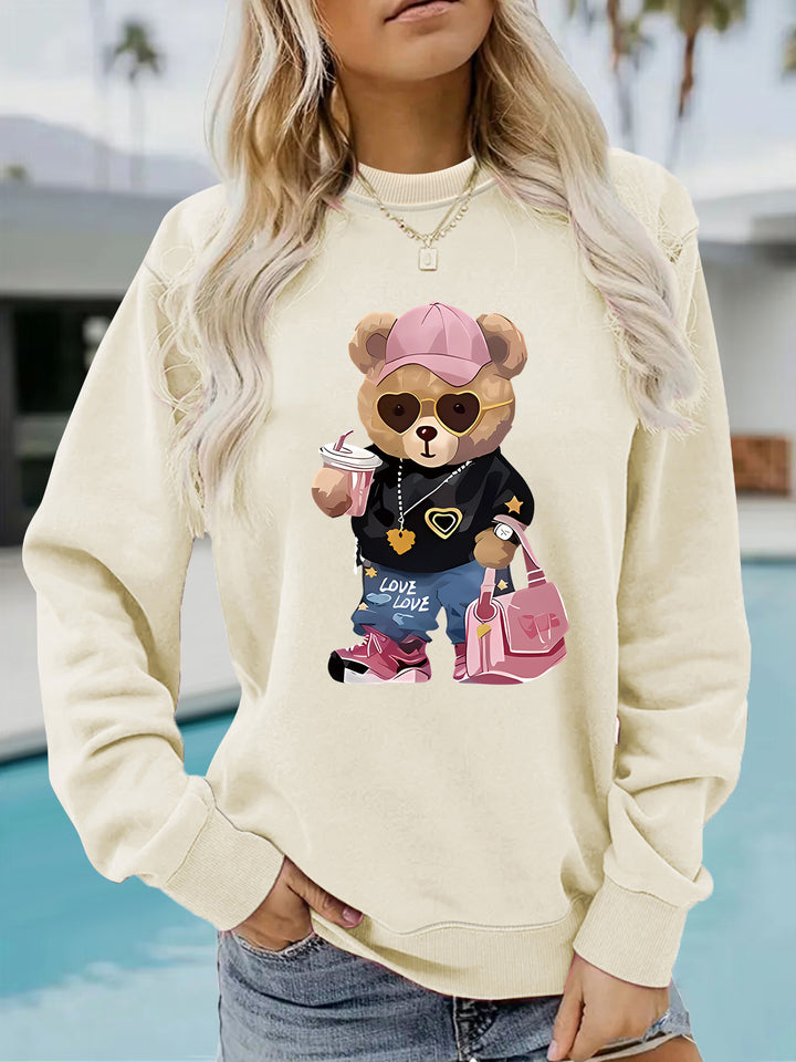 Damen Sweatshirt mit einzigartigem Cartoon-Bären-Motiv und modischem Schriftzug Drune